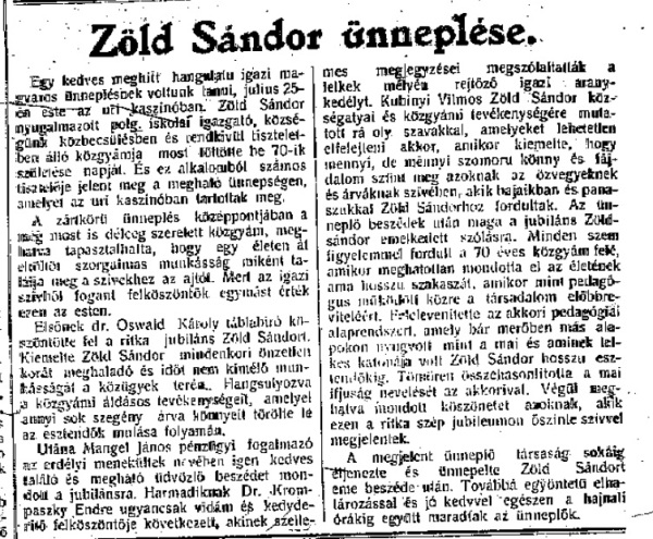 A Pestszentlőrinci Hírlap cikke Zöld Sándor születésnapjáról, 1931.